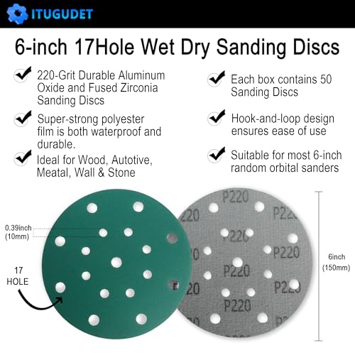 6 Inch 17 Hole 220 Grit Zirconia Alumina Hook & Loop Sanding Discs, Heavy-Duty Polyester Film Backing, Wet/Dry Anti-Clog for Random Orbital Sanders - Wood, Automotive, Metal - 50 Pack - color: 220 Grit, size: 6 Inch 17 Hole
