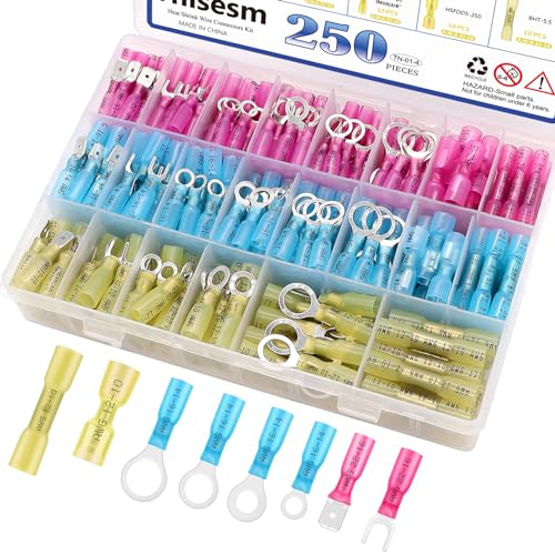 Tnisesm 250Pcs Heat Shrink Wire Connectors, Waterproof Insulated Automotive Marine Electrical Terminals Kit, Crimp Connector Assortment, Ring Fork Spade Splices - color: 250PCS, size: Heat shrink style