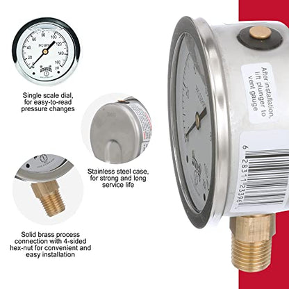 Winters 2-1/2" Dial Size, Liquid Filled Industrial Pressure Gauge, Brass Internals, 304 Stainless Steel Case, Single Scale 0-160 psi, 1.5% Acc, 1/4" NPT Bottom Mount, Glycerin Filled Pressure Gauge - style: 0/160 PSI