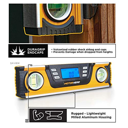 MOTORHEAD 10-Inch 0° - 180° SMART DIGITAL Level, LCD Screen, Audible Alerts, Water, Dust & Shock Resistant, Magnetic Bottom, Includes Bag, High-Visibility, Solid-Milled Aluminum, USA-Based Support - size: 10"