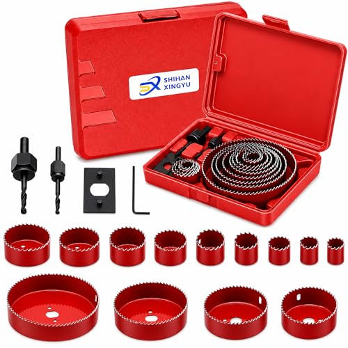 17-Piece Hole Saw Kit, Includes 13 Sizes (3/4" to 5"), Arbors, Drill Bits, and Hex Key, Ideal for Softwood, Plywood, and PVC(RED) - color: bright red