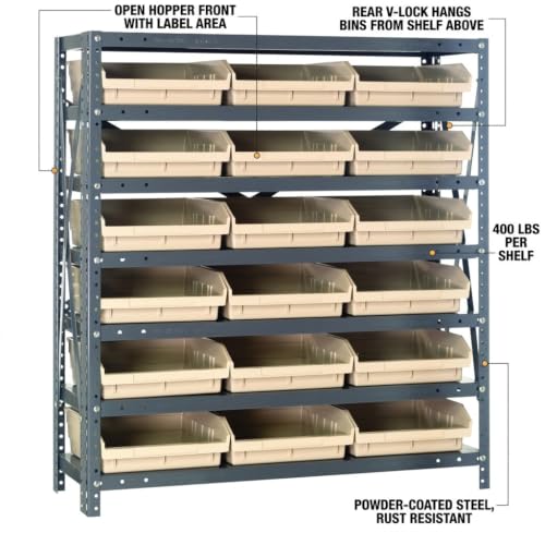 Quantum Storage Systems 1239-109IV Steel Shelving Unit with 4' Shelf Bins, 12' D x 36' W x 39' H, Ivory - size: 39" H x 36" W x 12" D, style: 12" L x 12" W x 4" H 18 Economy Ivory Bins