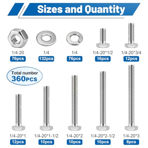 360PCS 1/4-20 Hex Head Bolt and Nut Assortment Kit 304 Stainless Steel - size: SS 1/4"-20 360PCS