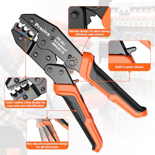 Preciva Crimping Tool for Insulated Terminals Wire Connectors, AWG20-10 Ratchet Crimper with 425 Pcs Insulated Terminals Connectors