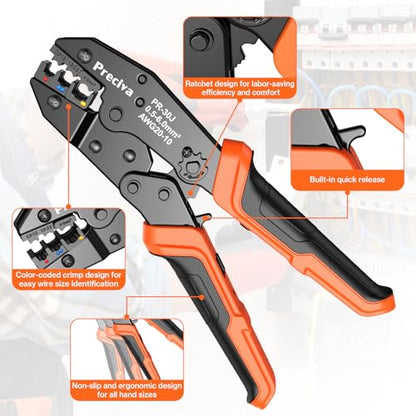 Preciva Crimping Tool for Insulated Terminals Wire Connectors, AWG20-10 Ratchet Crimper with 425 Pcs Insulated Terminals Connectors