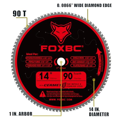 FOXBC 14 Inch Stainless Steel Metal Cutting Saw Blade 90 Tooth for Evolution 14 Inch Metal Saw and Other Low RPM saws, Cermet Carbide Up to 5X Longer Life - size: Stainless Steel