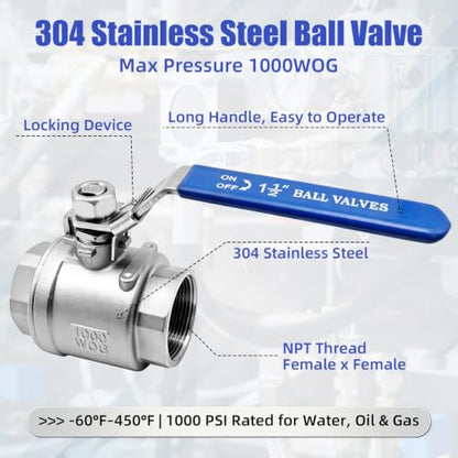 2 Pack 1-1/2" Ball Valve 304 Stainless Steel Full Port Shut Off Valve, Female NPT Thread, Locking Handle, 1000 WOG for Water, Oil, Gas & Industrial Plumbing and Fluid Control - size: 1-1/2inch