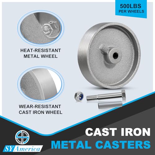 SY America 5" Heavy Duty Casters Set of 4,Cast Iron Semi-Steel Caster Wheels,Metal Industrial Casters,2000 LB Capacity-2 Brake & 2 Swivel - style: 5" Wheel