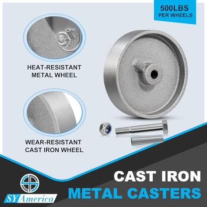 SY America 5" Heavy Duty Casters Set of 4,Cast Iron Semi-Steel Caster Wheels,Metal Industrial Casters,2000 LB Capacity-2 Brake & 2 Swivel - style: 5" Wheel