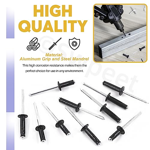 Swpeet 80Pcs 3/16" x 9/16" / 3/4" / 13/16" / 1" Aluminum Long Grip Tri-Grip Rivets Tri-Fold Tri Bulb Mounting Rivet Blind Rivets Assortment Kit, Tri-Grip Rivet Perfect for Deep Water Installing Boat