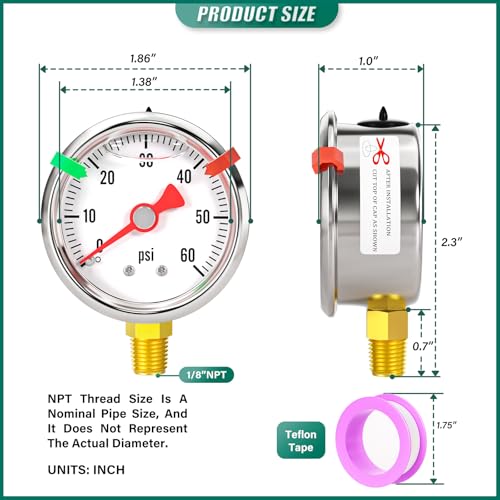 0-60psi Stainless Steel Glycerin Liquid Filled Pressure Gauge1/8 NPT 1.5" Dial, Lower Mount Designed for Pressure Testing of Water, Oil and Air (with Range Mark Pointer) - size: 0-60Psi