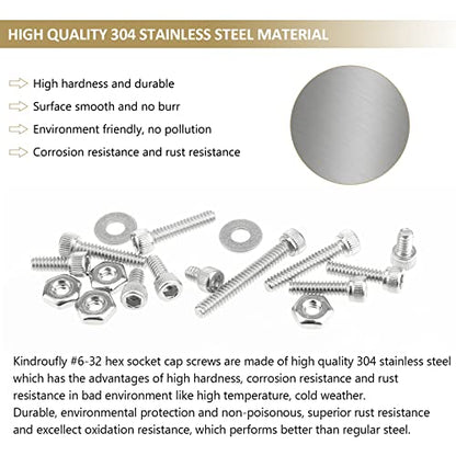 252 Pieces #6-32 x 3/16", 1/4", 5/16", 3/8", 1/2", 5/8", 3/4", 1", Hex Socket Head Cap Screws Nuts Washers Assortment Kit, 304 Stainless Steel, Fully Machine Thread - size: #6-32, style: Socket Head
