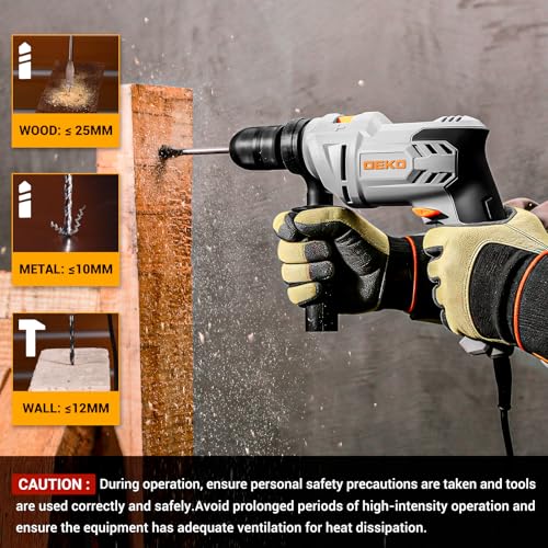 DEKOPRO 6-Amp 1/2-Inch Hammer Drill, Variable Speed Electric Corded Hammer Drill with 12pcs Bit for Concrete & Wood, 2 Functions in 1 with Keyed Metal Chuck, 360° Rotating Handle
