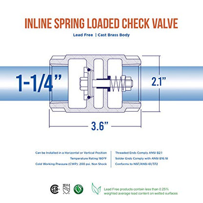 Midline Valve 372U336 Inline Spring Loaded Check Valve, Backflow Prevention, Lead-Free, 1-1/4 in. FIP Connections, Cast Brass - size: 1-1/4 in., style: Single Pack