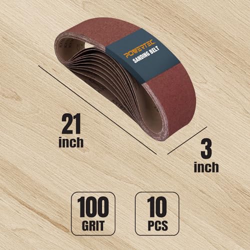 POWERTEC 3 x 21 Inch Sanding Belts, 10PK, 100 Grits Aluminum Oxide Sandpaper, 3x21 Sanding Belt for Portable Belt Sander, Woodworking, Paint Sanding, Metalworking, Rust Removal, Polishing (110440)
