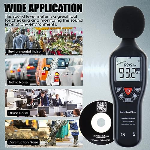 Decibel Meter Sound Level Meter Data Logger with CD Software Audio Decibel Noise Measure Tester 30 – 130 dB Audio Noise Measuring Range with Backlit LCD Display, Data Record Function