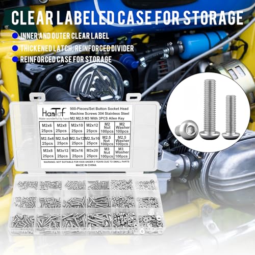 900PCS Button Head Hex Socket Cap Screws Assortment Kit, Small M2 M2.5 M3 Bolts and Nuts Washers Set, Allen Head Machine Screws, 304 Stainless Steel, Fully Threaded, Come with Hex Wrench.