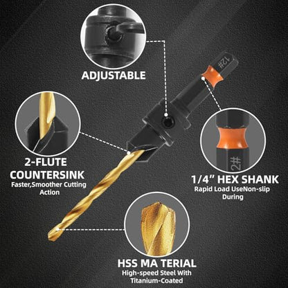 12Pcs HSS Adjustable Countersunk Drill Bits for Woodworking