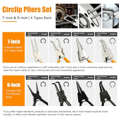 8PCS Snap Ring Pliers Set, 6" & 7" Internal External Circlip Tool