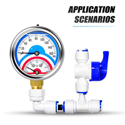 MEANLIN MEASURE 2PCS 0-160Psi Stainless Steel Thermal Pressure Gauge 30-250℉ 1/4" NPT 2.5" FACE DIAL Liquid Filled Pressure Gauge, with 1/2" NPT and 3/8" NPT Hex Bushing, Lower Mount - size: Lower Mount, style: Liquid Filled/2PCS