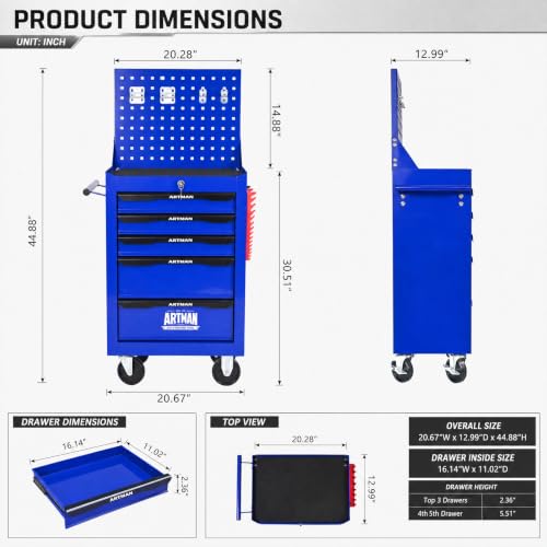 5-Drawer Rolling Tool Chest with Pegboard, Lockable for Garage, Blue - color: Blue+black, size: 5-Drawers