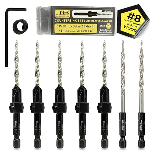 Countersink Drill Bit Set for Woodworking – #8 Wood Screw Pilot Hole Set, 5pcs 4-Flute M2 HSS, 1/4" Hex Changeover, Depth Collar Includes 2 Free Tapered Drill Bits for Drilling, 11/64" - style: 5 Pc #8 (11/64")