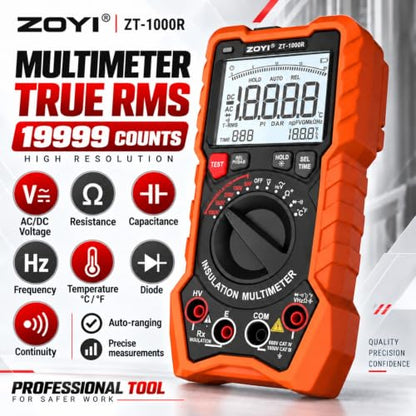 ZOYI ZT-1000R 2 in 1 Megohmmeter Multimeter, 50V/100V/250V/500V/1000V 5 Gear with DAR&PI, Insulation Resistance up to 20GΩ, 19999 Counts Auto Range T-RMS, V,Ω,C,FREQ,Temp, Diode,Continuity Tester