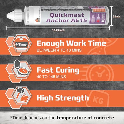 DCP Quickmast AE15 Concrete Epoxy for Rebar and Rods – High-Strength Anchoring System, Two-Part Acrylate Epoxy with Cartridge and Nozzles, 10.1 fl oz – 2 Pack - size: 2 Pack