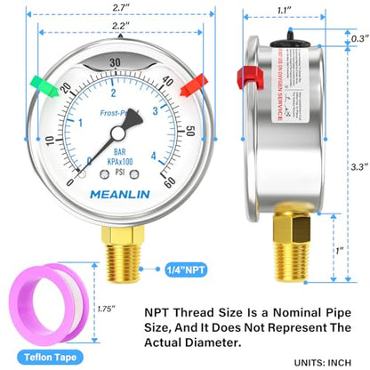 MEANLIN MEASURE 0~60Psi Stainless Steel Liquid Filled Pressure Gauge 1/4" NPT 2.5" FACE DIAL Silicone Oil Filled, WOG Water Oil Air Lower Mount (with 2PCS Snaps) - size: 0-60Psi