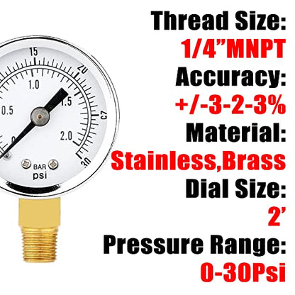 1/4" NPT 30Psi Steel Economical All Purpose Pressure Gauge with Brass Internals 2" Dial Display Bottom Mount - size: 0-30Psi (dry), style: Lower Mount-1/4"NPT