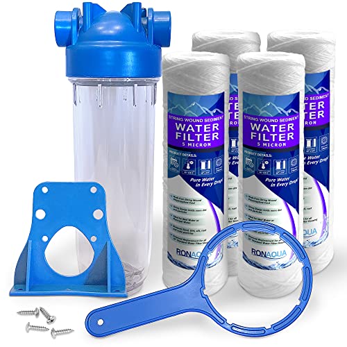 10 Inches European Design Transparent Standard Whole House Water Filter System with Presser Relief Valve, 3/4” Inlet/Outlet Brass Port and Yearly Supply (4) Wound Spring Sediment Cartridges 5 Micron - style: Wound Spring Sediment Filter