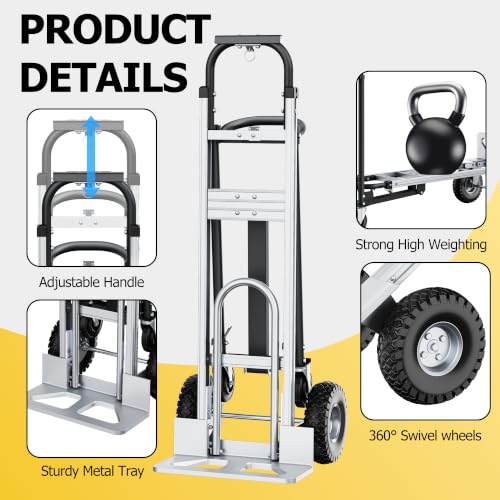 4 in 1 Folding Hand Truck, 1000lbs Capacity Dolly Cart Industrial Convertible Heavy Duty with Retractable Handle and 4 Rubber Wheels, Collapsible Cart for Moving Home, Office, Warehouse Black - color: Silver+black-1000