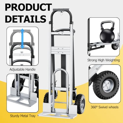 4 in 1 Folding Hand Truck, 1000lbs Capacity Dolly Cart Industrial Convertible Heavy Duty with Retractable Handle and 4 Rubber Wheels, Collapsible Cart for Moving Home, Office, Warehouse Black - color: Silver+black-1000
