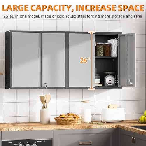 Garage Wall Cabinet with 2 Doors, Metal Wall Cabinet with Lock - color: Black Gray, size: 26''h wall cabinet