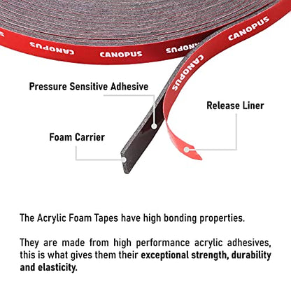 CANOPUS Double Sided Tape, 5952 Heavy Duty Mounting Tape, Strong Bond & Weatherproof Seal Strip for Automotive Mounting, Picture and Photo Frame, Poster, Craft, 0.25 in x 15 ft, Black, Made in USA - size: 0.25in x 15ft