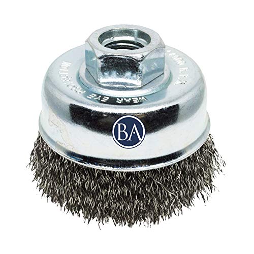 Benchmark Abrasives 2-3/4" Mounted Crimped Wire Cup Brush for Narrow Holes Derusting Paint Removal Deburring, Wire End Brush for Angle Pneumatic Grinder - (Stainless Steel) - size: 2-3/4" Crimped Wire, style: Stainless
