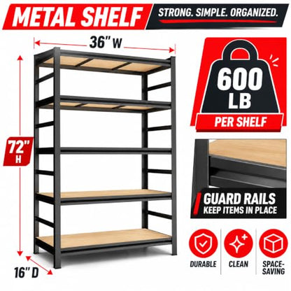Garage Shelving, 3000 LBS Heavy Duty Metal Storage Shelves with Anti-Fall Rails, 5-Tier Adjustable Wooden Storage Rack for Garage, Warehouse, Basement, 36" W x 16" D x 72" H - size: Wooden 36" W x 16" D x 72" H