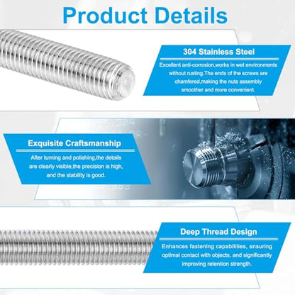 PATIKIL 1/4"-20 UNC 304 Stainless Steel Fully Threaded Rod, 15.7" Length Long Threaded Screw Right Hand Threads All Threaded Rod Studs for Anchoring Bolt, Clamps, Hangers and U-Bolts - size: #1/4"-20 UNC x 15.7"