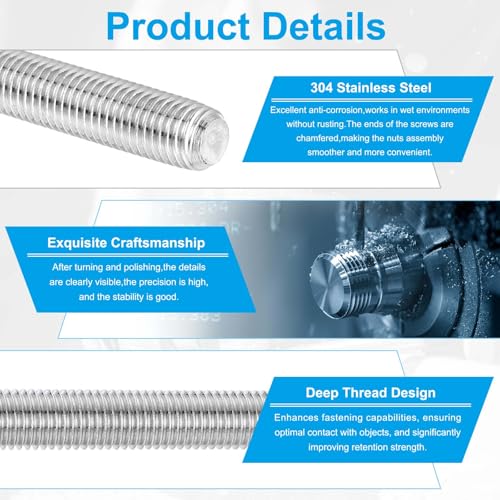 PATIKIL #10-24 UNC 304 Stainless Steel Fully Threaded Rod, 11.8" Length Long Threaded Screw Right Hand Threads All Threaded Rod Studs for Anchoring Bolt, Clamps, Hangers and U-Bolts - size: #10-24 UNC x 11.8"