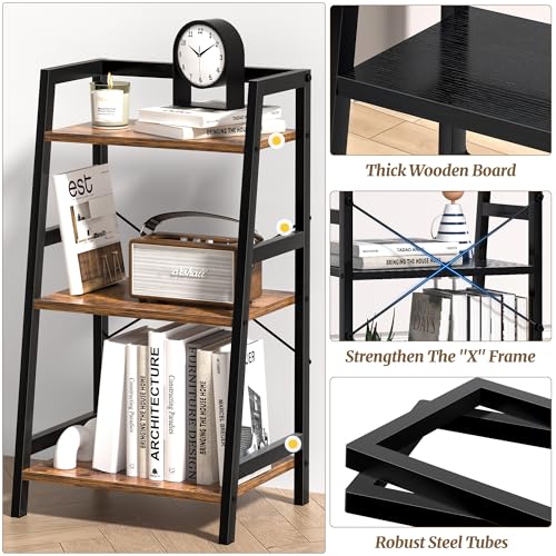 3-Tier Bookshelf, Ladder Shelf, Industrial Bookcase with Steel Frame, Metal Small Bookcase, stand up shelves for Living Room, Home Office, Kitchen, Bedroom, Industrial Style（Rustic Brown & Black） - color: Rustic Brown, size: 3 Tier (11.8"D x 16.5"W x 31.3