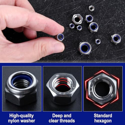 150 Pcs Metric Nylon Insert Hex Lock Nuts 304 Stainless Steel Locknuts Assortment Kit, M3 M4 M5 M6 M8 Standard Threaded Nylock Nuts for Screw Bolt, Self Locking Nuts Set with Storage Box - size: M3-M8