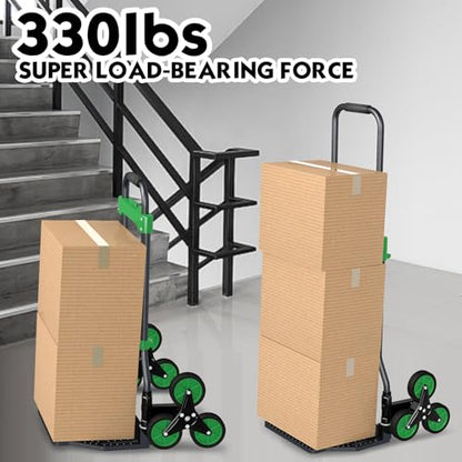 Heavy-Duty 330LB Capacity Hand Truck with Stair-Climbing Wheels & One-Touch Retractable Handle - Q235 Steel Collapsible Dolly Cart, 4.2-Inch Triple Wheels, Elastic Strap & Sponge Grip (Green) - color: Green