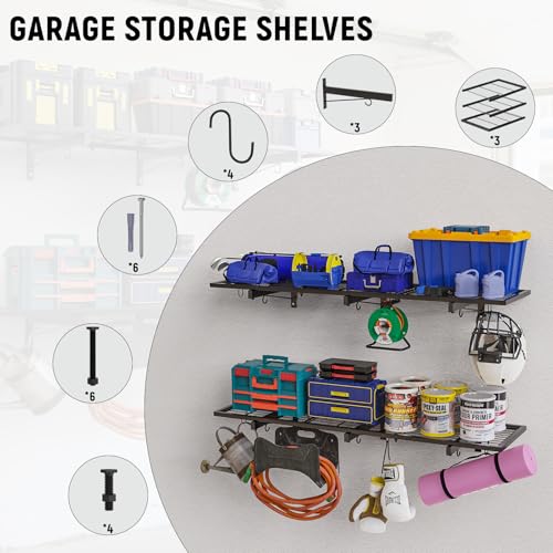 Garage Wall Shelves, 46"X12.5" Garage Shelving Wall Mounted, Heavy Duty Shelf Storage Rack with 4 Hooks, Black Organizer Floating Metal Shelf 160 LBS Capacity for Office, Basement, Laundry Room - size: A-1 PACK