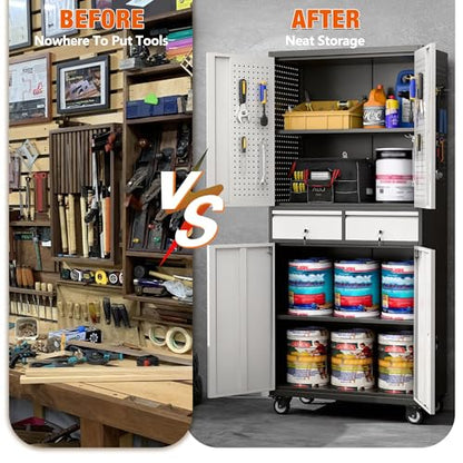 Reemoon 71" H Metal Garage Cabinet with Pegboard and 2 Drawers,Black-Silver - color: Black-silver, size: 15"D x 30.1"W x 71"H