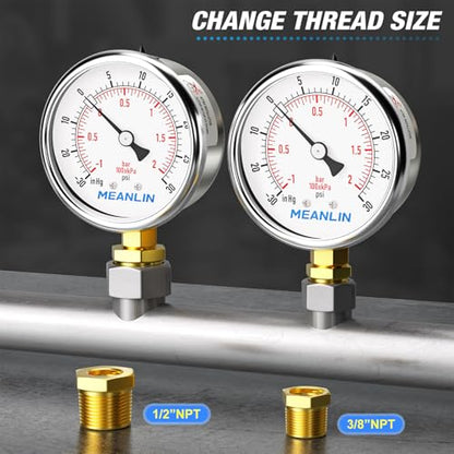 MEANLIN MEASURE -30inHG~30Psi Vacuum Gauge Stainless Steel 1/4" NPT 2" FACE DIAL Waterproof for Air Compressor HVAC Negative Pressure Hand Pump Pool Lower Mount, with 1/2" NPT and 3/8" NPT Hex Bushing - size: -15-30Psi
