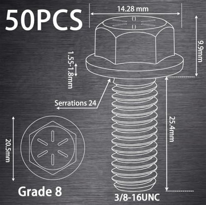 Shimeyao 50 Pcs 3/8-16 x 1 Grade 8 Hex Flange Bolts Yellow Zinc Plated Coarse Thread Alloy Steel Fasteners, Heavy Duty Hex Head Flange Screws for Automotive, Machinery, Trailer and RV, Repair - size: 3/8-16 x 1"
