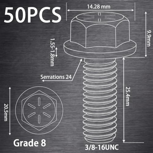 Shimeyao 50 Pcs 3/8-16 x 1 Grade 8 Hex Flange Bolts Yellow Zinc Plated Coarse Thread Alloy Steel Fasteners, Heavy Duty Hex Head Flange Screws for Automotive, Machinery, Trailer and RV, Repair - size: 3/8-16 x 1"