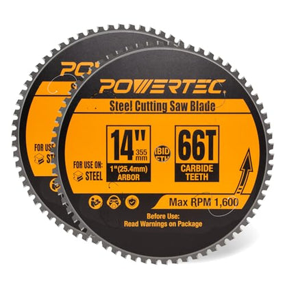 POWERTEC 14" Cold Saw Blade, 66T TCG, 1" Arbor, 1600 RPM, 2 Pack (14014-P2) - size: 14", 1" Arbor, 66T, 2pcs