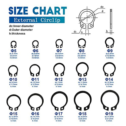 NINDEJIN External Retaining Rings Snap Rings Assortment Kit, Circlip Circlip Retainer Rings Set (C-Clip Carbon Steel) - size: 480PCS (5-19mm )