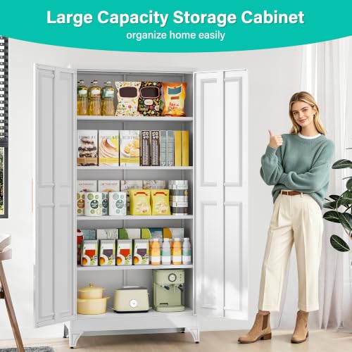 SISESOL 75" Tall Storage Cabinet with 2 Door and 5 Shelves, Wide & Deep Kitchen Pantry Cabinet, White Metal Cabinets,Large Cupboard for Home,Kitchen,Laundry - color: White, size: 75.6"H